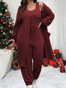 Vionelle Bộ 2 áo liền quần không tay màu trơn và áo khoác cardigan dài tay cho nữ - Màu Đỏ Sâu - Xem 1