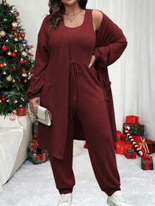 Vionelle Bộ 2 áo liền quần không tay màu trơn và áo khoác cardigan dài tay cho nữ - Màu Đỏ Sâu - Xem 8