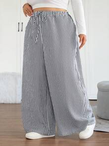 SHEIN CURVE+ Quần ống rộng kẻ sọc cạp chun co giãn cỡ lớn cho nữ, quần ống rộng kẻ sọc thường ngày cho công sở/2026/Năm mới - Đen và trắng - Xem 4