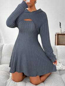 SHEIN EZwear 女士纯色长袖连帽上衣（前短后长下摆）和无袖连衣裙休闲两件套 - 灰色 - 查看 4