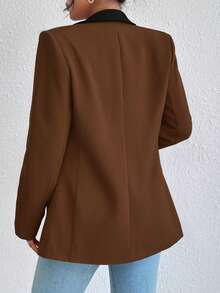SHEIN Unity Women's Contrast Color Shawl Collar Pocket Business Formal Blazer - Brown - View 2