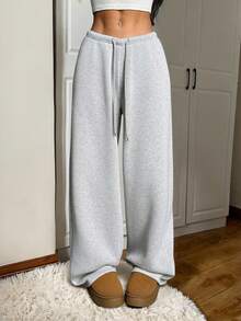 SHEIN EZwear 女士休闲简约纯色宽松阔腿运动裤 - 淺灰色 - 查看 2