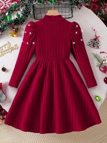 Girls' Korean Style Elegant Sweet High Collar Puff Long Sleeve Pearl Embellished Waist A-Line Casual Chic Dress, Suitable For Christmas, Halloween, Party, Daily Wear, Spring/Autumn/Winter - Burgundy - View 2