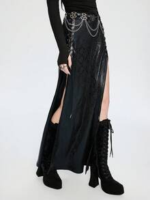 Breakform 女式哥特式性感鳄鱼压纹针织拼布装饰皮革孔眼系带高开衩裙 - 黑色 - 查看 4