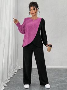 EMERY ROSE Plus Size Crew Neck Long Sleeve Soft Knit Ribbed Colorblock Asymmetrical Patchwork Top & Straight Leg Pants 2 Pieces Set,Black,Autumn,Smart Casual,Everyday - Multicolor - View 3