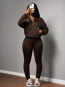 Slaydiva 2025新款秋冬休闲街头风基础款运动瑜伽拉链连帽衫+紧身裤套装 - - 棕色 - 查看 1