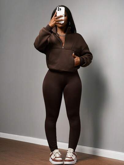 Slaydiva 2025 New Autumn/Winter Casual Street Style Basic Sports Yoga Zip-Up Hoodie + Tight Pants Set - Long Sleeve Two Piece Set Brown Two Piece Set Women 2 Piece Casual Sets Woman