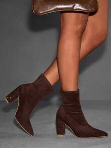 CUCCOO SZL Women's Fashionable Versatile Commuter Rhinestone Decor Chunky High Heel Ankle Boots For Christmas - Coffee Brown - View 7