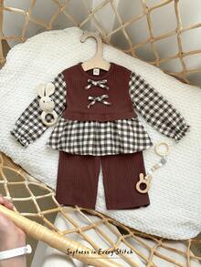 Cozy Pixies 2 pièces Ensemble Top à manches longues col rond avec nœud décoratif et pantalon droit à taille élastique pour bébé fille en patchwork à carreaux - Tabac - Voir 8