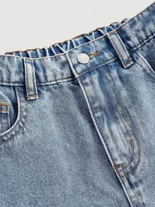 SHEIN Quần denim xanh rộng rãi thêu họa tiết trái tim hồng cho bé gái - Rửa trung bình - Xem 4