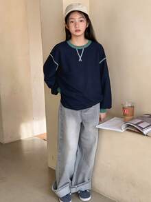 Dazy Kids Tween Girls Colorblock Crew Neck Knit T-Shirt, Fall