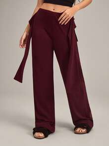 SHEIN Quần ngủ ống rộng thắt nút phía trước màu trơn dành cho nữ - Màu Đỏ Sâu - Xem 5