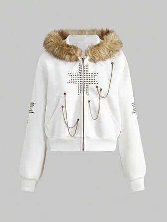 J-Fashion Felpa con cappuccio retrò punk da donna con rivetti, occhielli, catena e patchwork in pelliccia