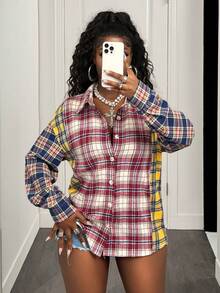 BamGleam Camisa casual de mujer a cuadros con bloques de color, otoño