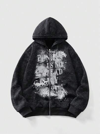 Street Life Men's Slogan Print Zip-Up Hooded Sweatshirt