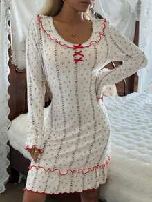 SHEIN Romantic Women's Short Dress With Floral Pattern, Bow Decor And Ruffle Hem Long Sleeve Nightgown, Winter - White - View 7