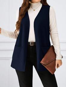 Miaspire Plus Size Solid Color Sleeveless Loose Pocket Simple Casual Jacket,Spring/Summer,Summer Clothes,Vacation Outfits Woman / Vacation In Fall/Winter - Navy Blue - View 3