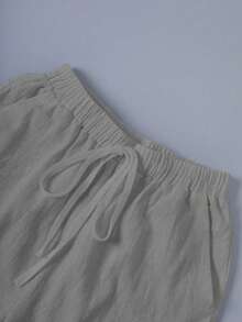 Linhara Áo crop top hở lưng cho nữ cỡ lớn, viền thô, thắt eo, túi sau, nút trang trí - Xám - Xem 5