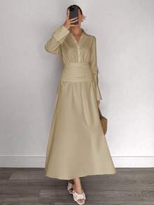 Siren Gaze 2025秋季女装新品必备——复古风纽扣衬衫裙，长袖，棉麻混纺，透气舒适，有内衬，不透光，优雅通勤装，适合商务休闲、工作、教师、日常穿着，也是秋季婚礼宾客和夜间外出的完美之选，2025秋季时尚必备单品 - 卡其色 - 查看 6