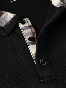 Manfinity Mode 男士长袖纹理面料拼接格子图案 Polo 衫，适合秋冬季休闲穿着和户外搭配 - 黑色 - 查看 6