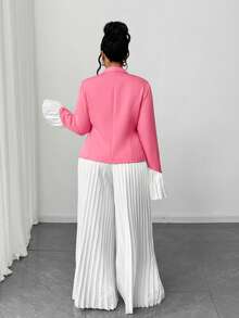 Maweii 2 pièces/Set Blazer ajusté à col en V et patchwork avec ourlet mouchoir et pantalon long plissé pour femmes, tenue de bureau élégante, grande taille