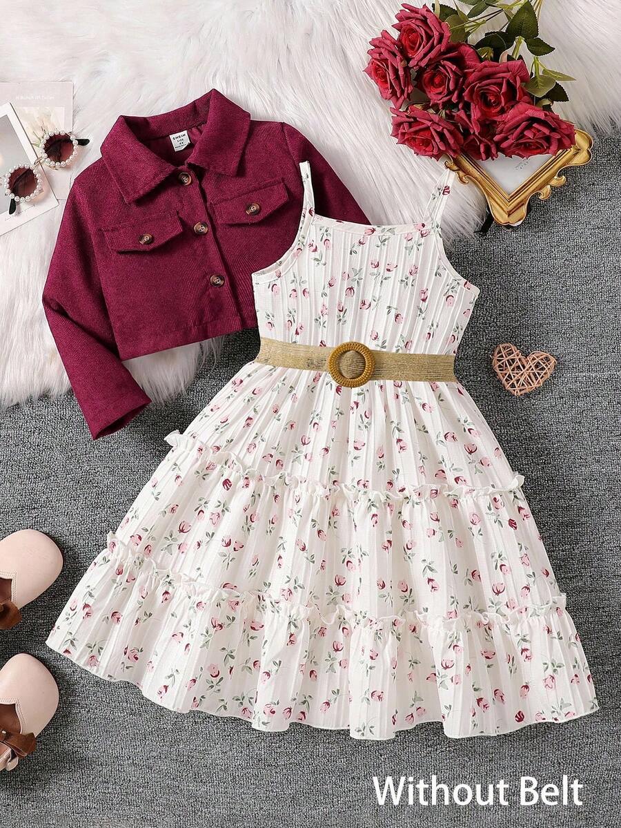 SHEIN Elladie kids مجموعة من 2 قطعة: بليزر أنيق بياقة طويلة الأكمام وفستان زلق بطبعة زهرية بخصر مطاطي، طقم كاجوال للارتداء اليومي والأعياد، للربيع والخريف - عنابي اللون - مشاهدة 1