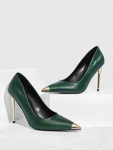 CUCCOO SZL Tacones altos de moda de punta fina y color contrastante, versátiles para uso diario - Verde Oliva - Ver 3