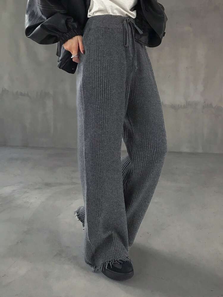 FRIFUL Women's Long Casual Solid Color Sweater Pants With Fringed Hem - Grey - View 6