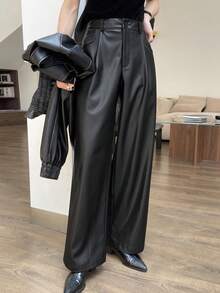 Dazy Tall 女士高个/长款PU皮裤，直筒，褶裥，宽松，休闲都市裤