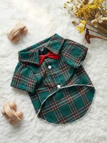 PETSIN 聖誕綠色格紋領結正式寵物襯衫