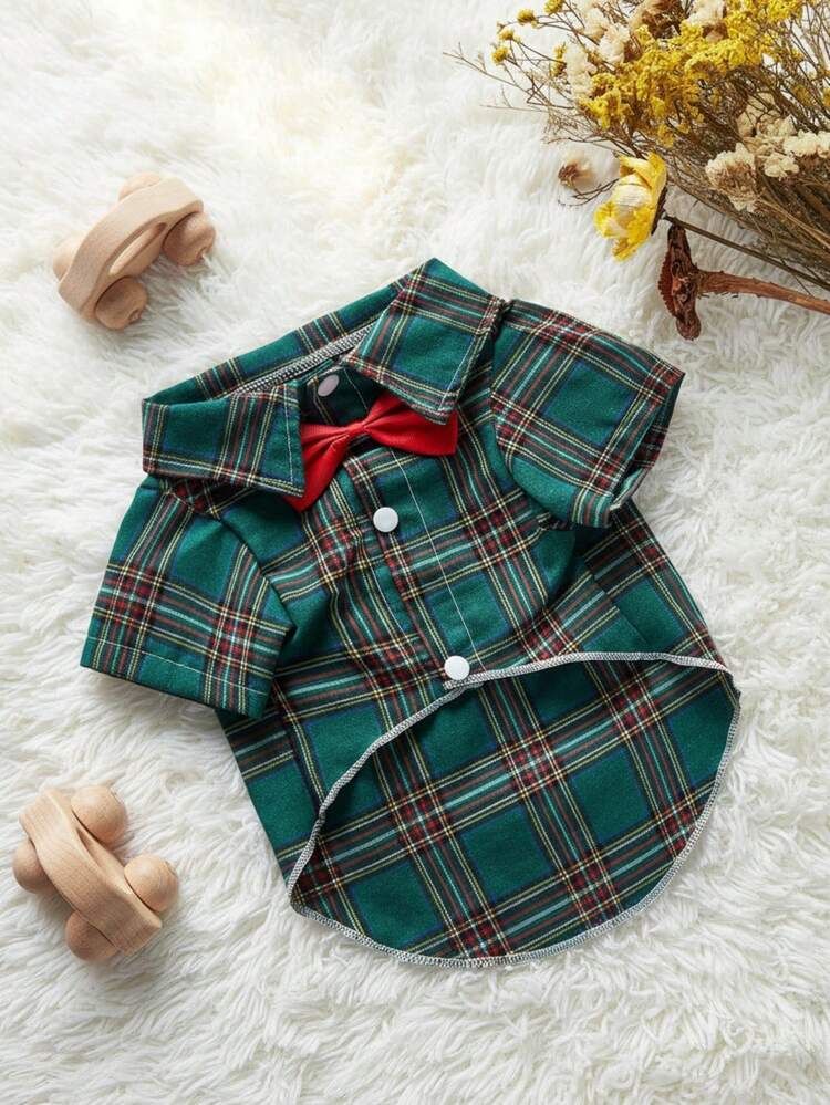 Christmas Green Plaid Bow Tie Formal Pet Shirt