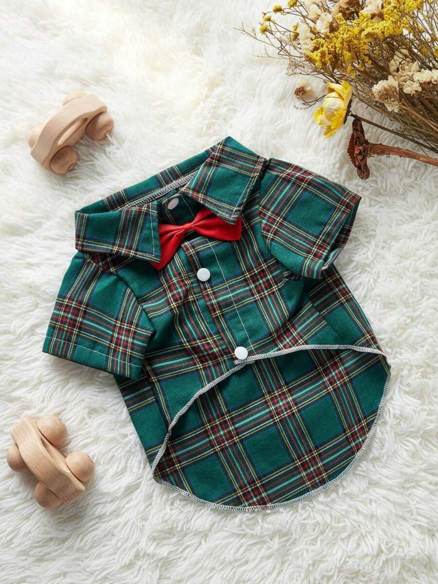 PETSIN 聖誕綠色格紋領結正式寵物襯衫