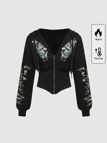 ROMWE EDITION 大码哥特暗月荆棘丛林紫色花朵蛇纹印花抽绳连帽黑色高腰卫衣，大码秋冬女式连帽高腰卫衣，大码秋冬女式上衣外套 - 黑色 - 查看 2