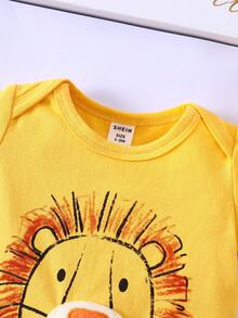 新生儿可爱狮子印花连体衣，带3D立体耳朵帽，短袖连体衣套装