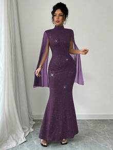 Rafferiza 女士高领亮片网纱开衩披肩式长袖收腰鱼尾下摆连衣裙长裙套装 - 紫色 - 查看 5