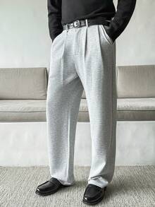 HUEFORM Quần xếp ly màu trơn có đai thắt lưng dành cho nam, quần ống đứng thông thường đa năng - Xám - Xem 4