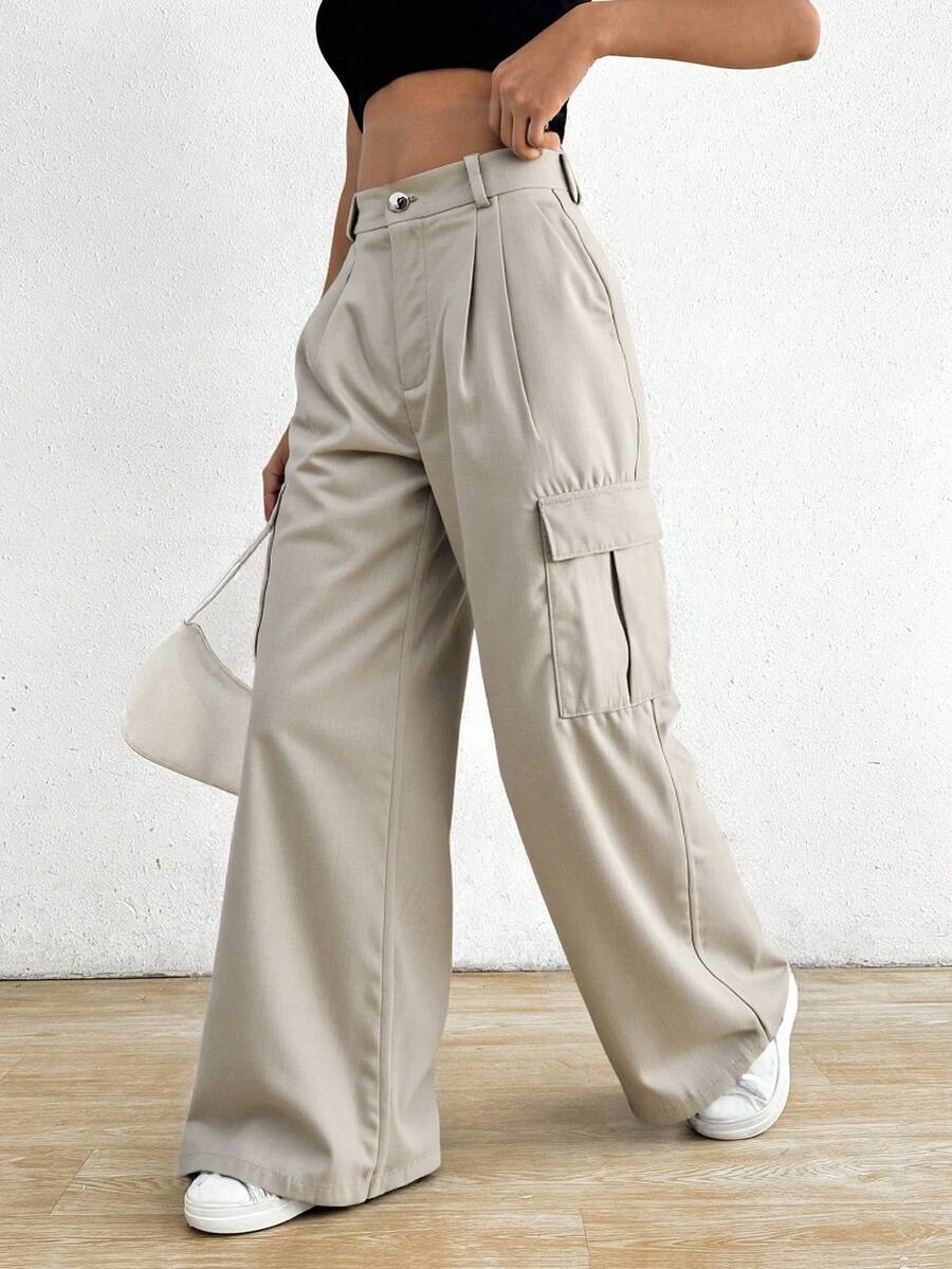 Pantalones Cargo de Mujer de Cintura Alta y Pierna Ancha, con Diseño de Bolsillos Múltiples y Opciones de Longitud, Estilosos y Versátiles - Albaricoque - Ver 1