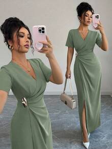 Elenzga Women's Elegant Solid Color Wrap Long Dress For Commuting - Olive Green - View 1