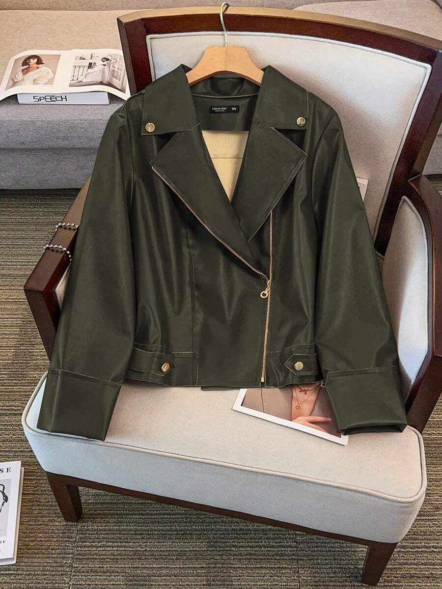 GlowEve CURVE Áo khoác ngắn tay dài cỡ lớn dành cho nữ, Áo khoác mô tô ngắn thời trang đa năng, thường ngày, thích hợp mặc hàng ngày, giúp thon gọn - màu xanh lá - Xem 1