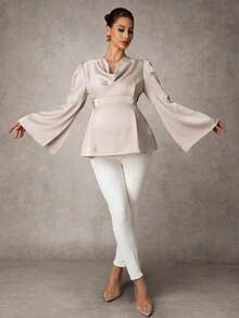 MaterniChic Maternity Clothes Maternity  Tops Spring And Summer Pregnant Clothes Apricot Maternity Blouse, Satin V-Neck, Long Sleeves, Elegant Party - Apricot - View 7