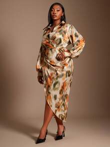 SHEIN SXY Váy sơ mi xẻ tà cao họa tiết tie-dye thời trang tối giản thường ngày cho nữ cỡ lớn - Nhiều màu - Xem 6