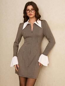 Poéselle 女士优雅格子拼接喇叭袖迷你连衣裙，适合通勤 - 彩色 - 查看 1