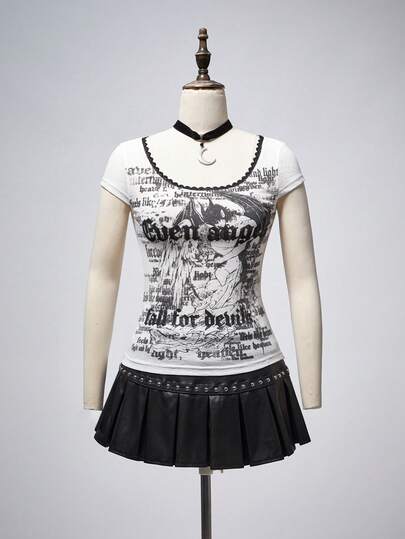 ROMWE Dark Angel Gothic Style Distressed Print Sheer Women Top
