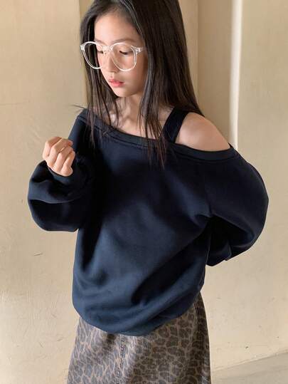 DAZY 少女纯色不对称领长袖休闲抓绒卫衣