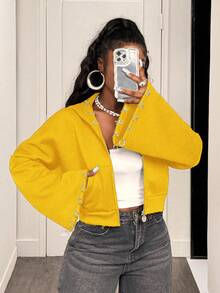 BamGleam Áo nỉ dài tay có mũ, màu trơn, kiểu punk, khóa kéo, thích hợp cho mùa đông. - Màu vàng - Xem 3