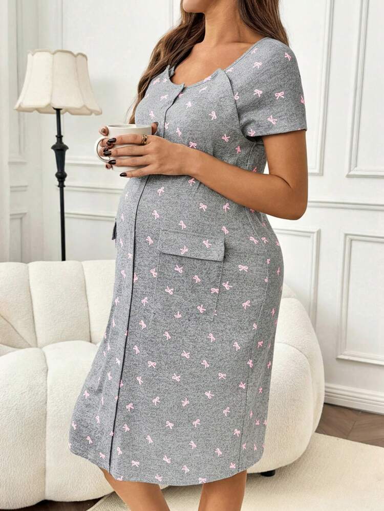SHEIN Maternity Bow Print Short Sleeve Dress Nursing Dresses Maternity Dress Summer Maternity Two Piece Sets Labor And Delivery Gown Maternity Clothes Two Piece Suits - Pink - View 5