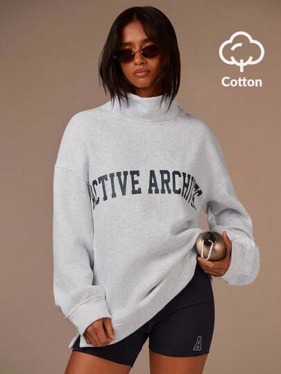 Athîral 两件套女士字母印花高领长袖上衣和高腰短裤套装