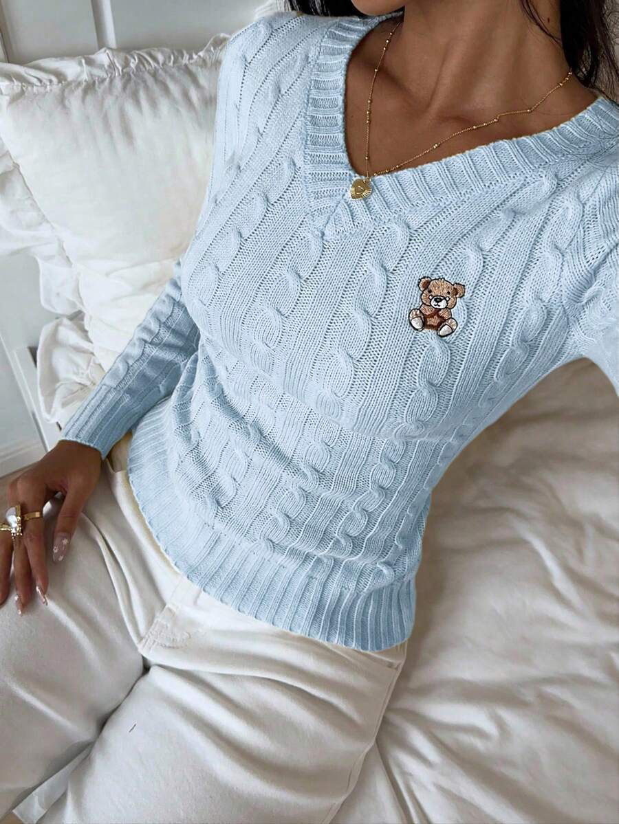 SHEIN EZwear 女士小熊刺绣长袖毛衣，女士套头毛衣，浅蓝色上衣，女士蓝色毛衣，女士毛衣 - 藍色 - 查看 1