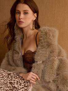 MOTF PREMIUM 时尚立领罗纹人造毛皮大衣 - 卡其色 - 查看 7