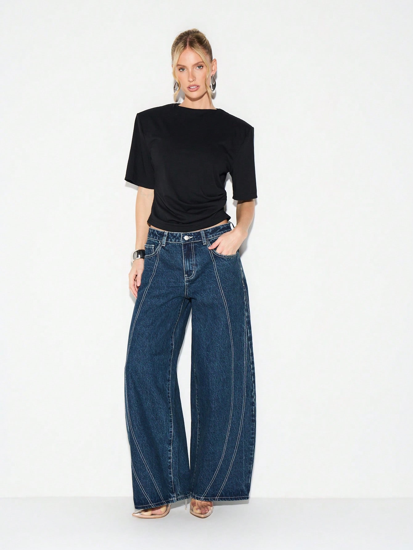 KIZN Wide Leg High Rise Denim Jeans With Contrast Stitching